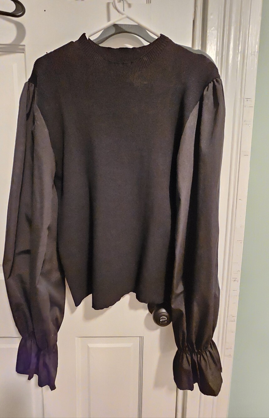 Black Puff-Sleeve Crewneck Blouse